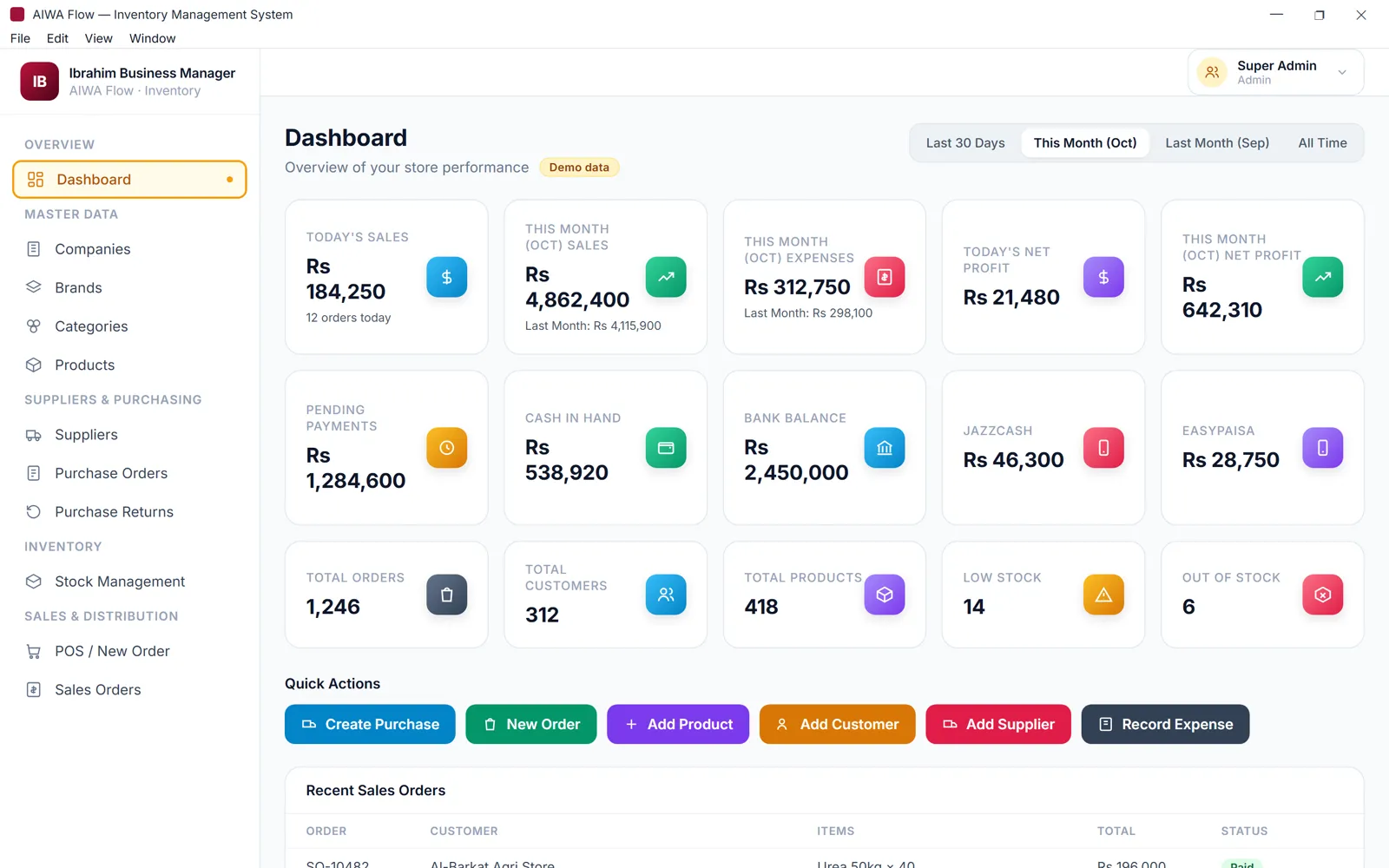 Ibrahim Business Manager — Dashboard shown with demo data